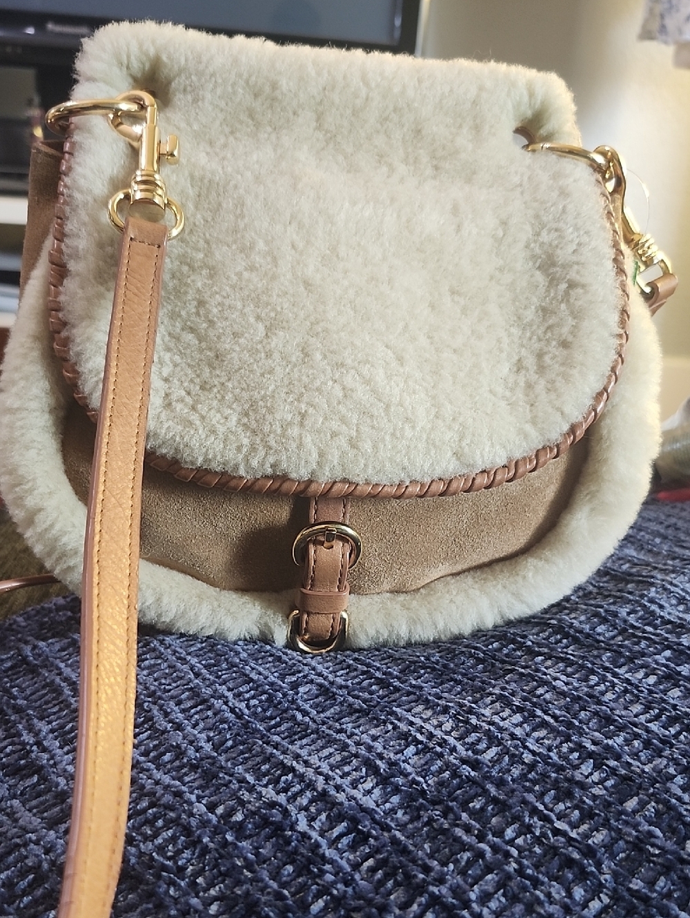 UGG Shearling-Trim  Leather Suede Crossbody Bag in Cream & Camel W/Whip Stitch